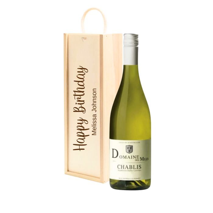 Personalised Chablis White Wine Gift " Happy Birthday " Wooden Gift Box