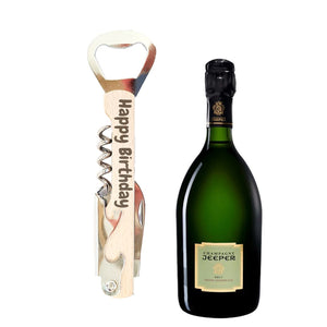 Champagne Jeeper + Corkscrew engraved Happy Birthday