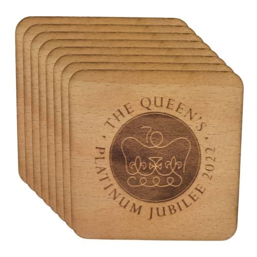 Eco Tableware Queen's Platinum Jubilee 2022 Sustainable Wooden Drink Coasters Set of 8 Environmentally Friendly Official Jubilee Logo on Quality Wood