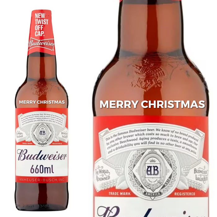 Budweiser Beer Large 660ml personalised " Merry Christmas "